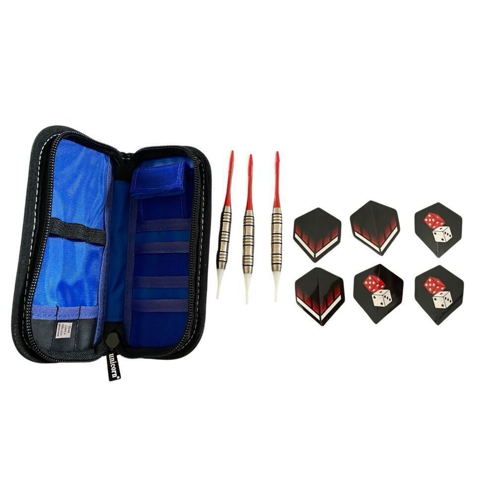 Unicorn Soft Tip Dart Set Case Extra Flights Shafts Black Blue Red Game League